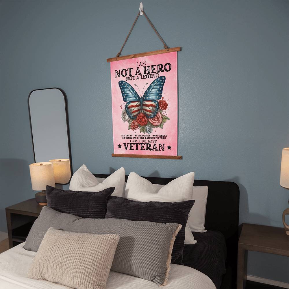 Navy Veteran | Not A Hero | Wood Framed Wall Tapestry | 26" x 36" | Pink