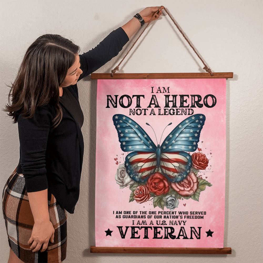 Navy Veteran | Not A Hero | Wood Framed Wall Tapestry | 26" x 36" | Pink