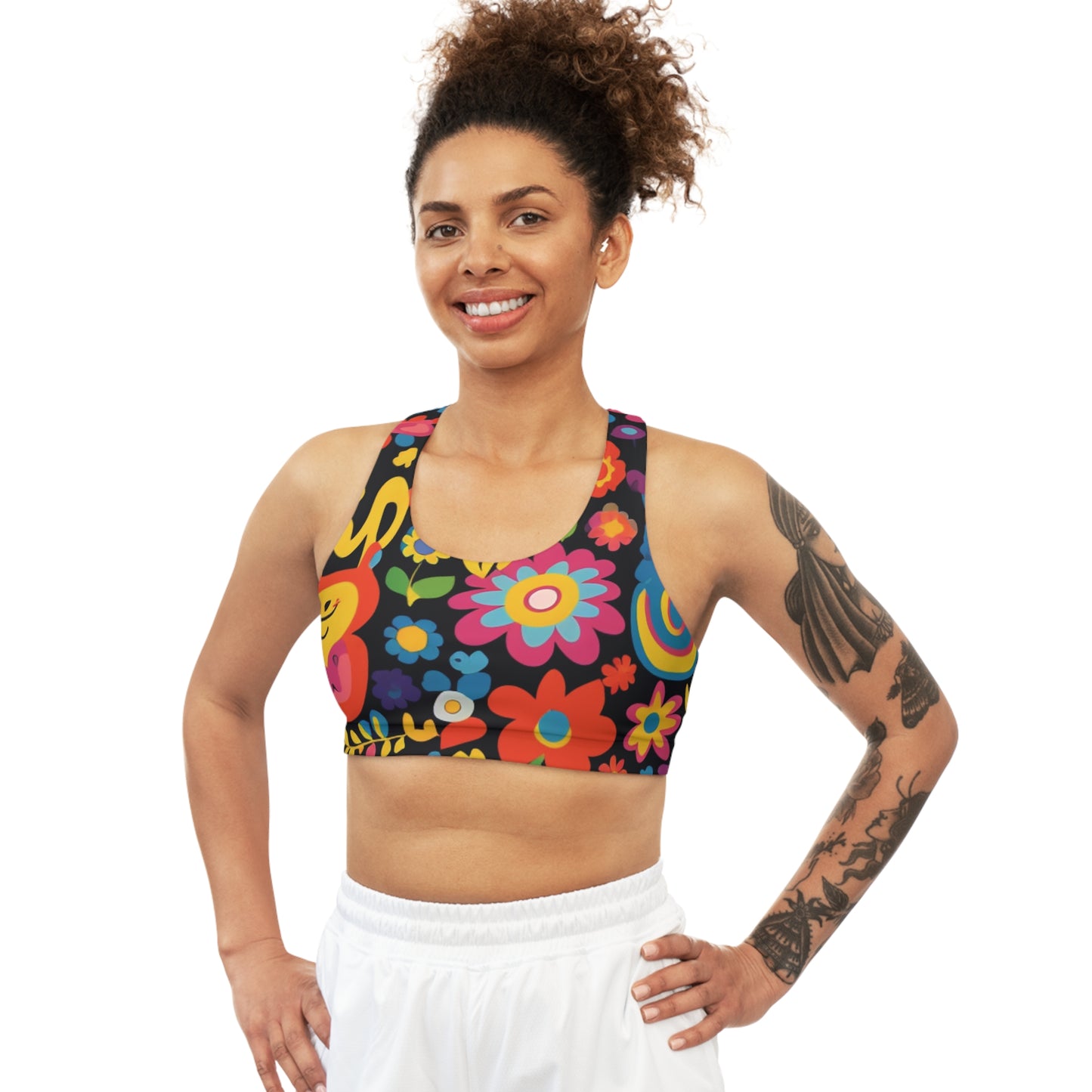 Happy Cats And Flowers Sports Bra