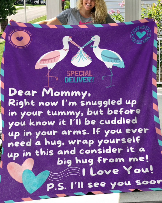 Stork And Baby | Airmail Blanket For Expectant Mother | Gender Neutral | 2 COLORS / 2 SIZES AVAILABLE | Premium Sherpa Blanket | 50x60 Throw Or 60x80 Queen