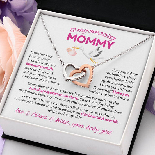 To My Amazing Mommy From Baby Girl | Interlocking Heart Necklace | Mother-To-Be, Expectant Mother Gift