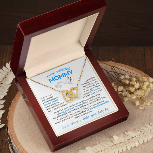 To My Amazing Mommy From Baby Boy| Interlocking Heart Necklace | Mother-To-Be, Expectant Mother Gift